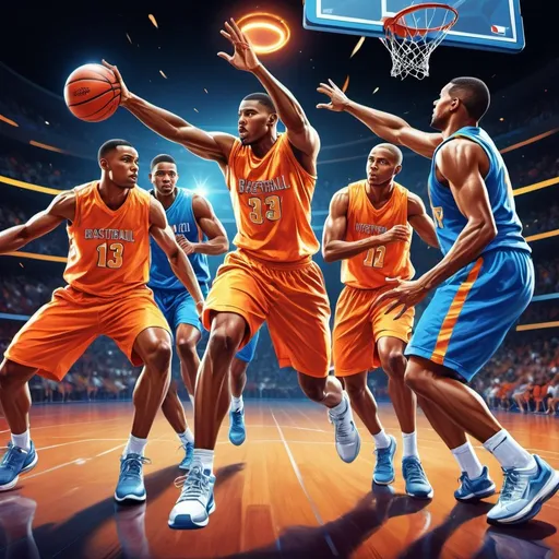 Prompt: Basketball team, vibrant digital illustration, detailed players in action, dynamic composition, high energy, high-quality, digital art, vibrant colors, dramatic lighting, intense game, professional athletes, competitive spirit, fast-paced, team synergy, energetic crowd, action-packed, powerful movement, modern sports art, intense competition, dynamic poses