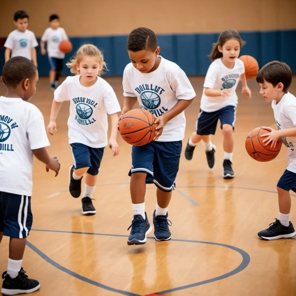 Prompt: create image boys and girls do basketball between legs dribbling drills to put in poster in an event for kids with Hoop Harmony logo on shirts
