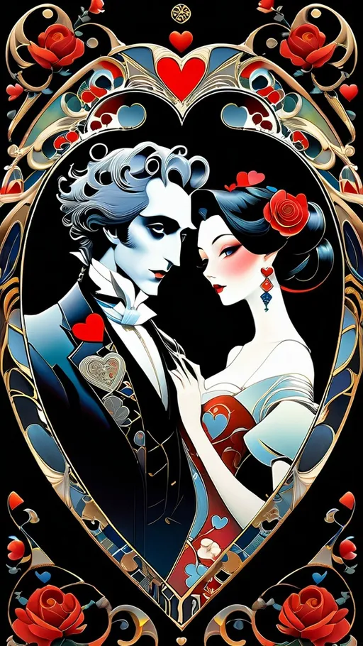 Prompt: valentine style of tim burton,(incredibly absurdres, (high resolution:1.18), intricate detail, (masterpiece:1.1), (highest quality:1.1), absurdres, smooth crisp, bold medium) valentine,  reminiscent of Alphonse Mucha and Wlop, trending on Artstation, with elements of niji style, visionary macabre art, raidenshogundef influence, digital painting, enhanced details.