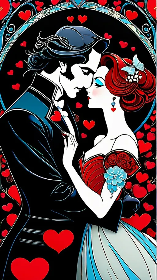 Prompt: be my valentine style of tim burton,(incredibly absurdres, (high resolution:1.18), intricate detail, (masterpiece:1.1), (highest quality:1.1), absurdres, smooth crisp, bold medium) valentine,  reminiscent of Alphonse Mucha and Wlop, trending on Artstation, with elements of niji style, visionary macabre art, raidenshogundef influence, digital painting, enhanced details. --testpfx