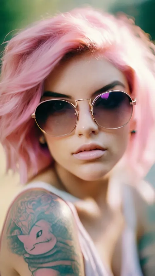 Prompt: Dreamy pastel portrait, a vixen bareback, pink hair, soft gaze, tattoos, sunglasses,
 delicate makeup, ethereal atmosphere, soft focus, medium format film, Mamiya
 RZ67, Fujifilm Pro 400H, f3.5