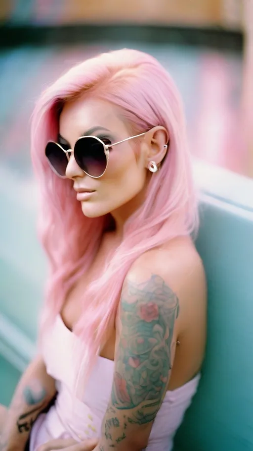 Prompt: (Hugh Hefner) Dreamy pastel full body portrait, a vixen in nothing, pink hair, soft gaze, tattoos, sunglasses,
 delicate makeup, ethereal atmosphere, soft focus, medium format film, Mamiya
 RZ67, Fujifilm Pro 400H, f3.5