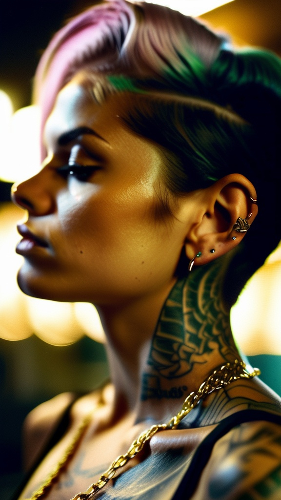 Prompt: hyper realistic 16k photograph, portrait of a tattooed firm tight woman, future punk, gold tattoo line, side profile, summer, dramatic light, looking
down + film grain, Leica 50mm, Kodak portra 800, chiaroscuro, f1.4,  --test
--upbeta