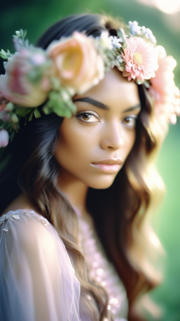 Prompt: Dreamy pastel portrait, female exotica model, long wavy hair, soft gaze, flowery headpiece,
 delicate makeup, ethereal atmosphere, soft focus, medium format film, Mamiya
 RZ67, Fujifilm Pro 400H, f3.5