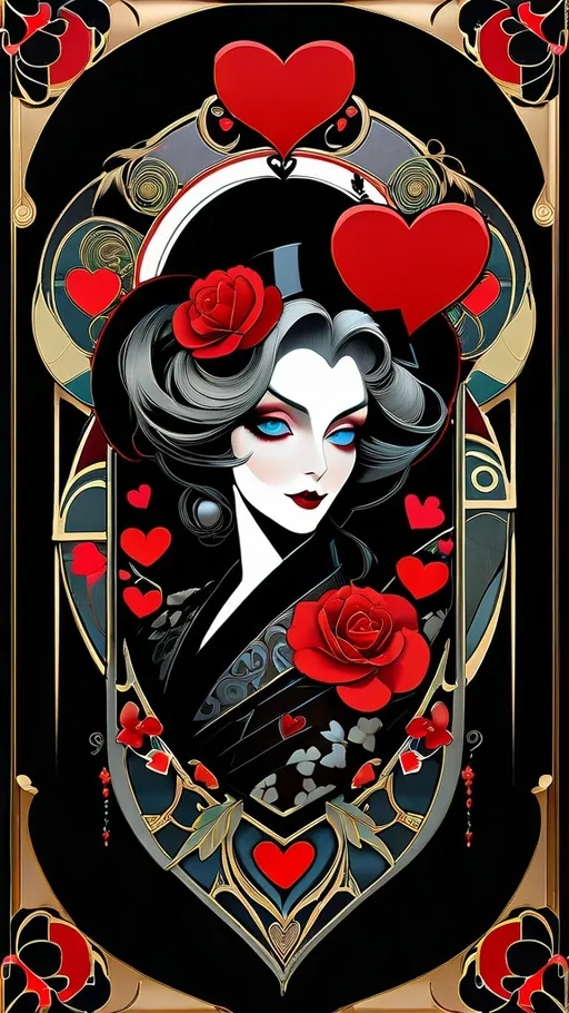 Prompt: valentine style of tim burton,(incredibly absurdres, (high resolution:1.18), intricate detail, (masterpiece:1.1), (highest quality:1.1), absurdres, smooth crisp, bold medium) valentine,  reminiscent of Alphonse Mucha and Wlop, trending on Artstation, with elements of niji style, visionary macabre art, raidenshogundef influence, digital painting, enhanced details.