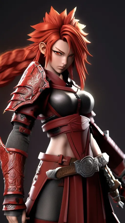Prompt: Akira Yumiko: The Crimson Tempest
A battle-hardened warrior with fiery red hair and piercing crimson eyes. Her combat attire is adorned with intricate runes, and her dual katanas, named "Bloodbane" and "Soulslicer," tell tales of countless victories.Add_Details_XL-fp16 algorithm with octane 3d rendering, aw0k euphoric style mugshot rfktrstyle --niji 50 --testp --q 50 --chaos 50, vol)