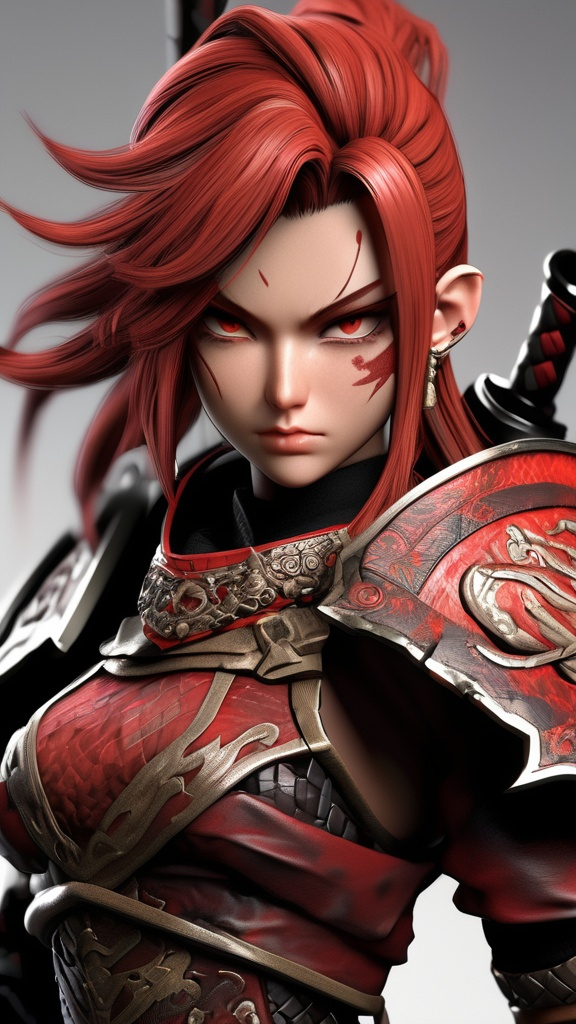 Prompt: Akira Yumiko: The Crimson Tempest
A battle-hardened warrior with fiery red hair and piercing crimson eyes. Her combat attire is adorned with intricate runes, and her dual katanas, named "Bloodbane" and "Soulslicer," tell tales of countless victories.Add_Details_XL-fp16 algorithm with octane 3d rendering, aw0k euphoric style mugshot rfktrstyle --niji 50 --testp --q 50 --chaos 50, vol)