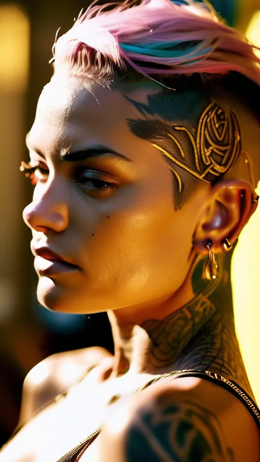 Prompt: hyper realistic 16k photograph, portrait of a tattooed firm tight woman, future punk, gold tattoo line, side profile, summer, dramatic light, looking
down + film grain, Leica 50mm, Kodak portra 800, chiaroscuro, f1.4,  --test
--upbeta