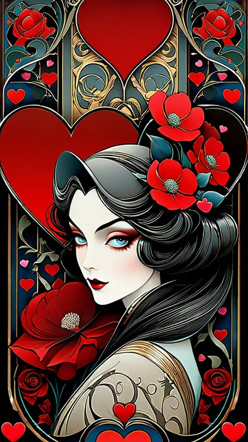 Prompt: be my valentine style of tim burton,(incredibly absurdres, (high resolution:1.18), intricate detail, (masterpiece:1.1), (highest quality:1.1), absurdres, smooth crisp, bold medium) valentine,  reminiscent of Alphonse Mucha and Wlop, trending on Artstation, with elements of niji style, visionary macabre art, raidenshogundef influence, digital painting, enhanced details. --testpfx