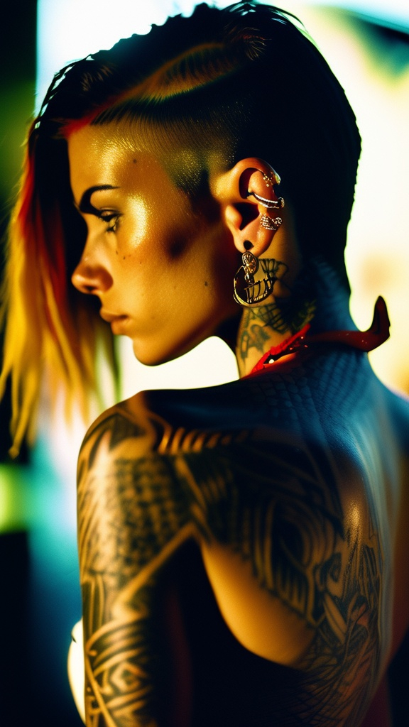 Prompt: hyper realistic 16k photograph, full body portrait of a exposed tattooed woman, future punk, gold tattoo line, side profile, summer, dramatic light, looking
down + film grain, Leica 50mm, Kodak portra 800, chiaroscuro, f1.4,  --test
--upbeta