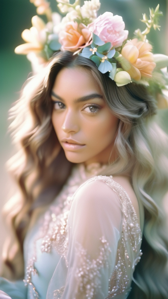 Prompt: Dreamy pastel portrait, female exotica model, long wavy hair, soft gaze, flowery headpiece,
 delicate makeup, ethereal atmosphere, soft focus, medium format film, Mamiya
 RZ67, Fujifilm Pro 400H, f3.5