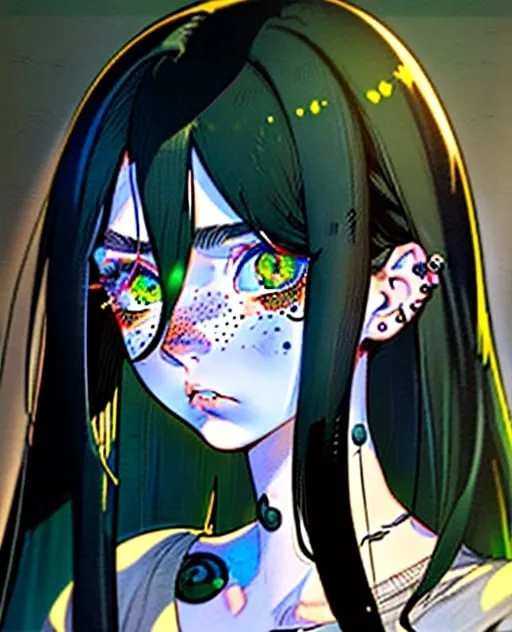 Prompt: Detailed portrait of a captivating woman with beautiful green eyes, long straight black hair, and freckles, round face and blushed, piercing and firm gaze, intense and focused expression,  cool tones digital art, drawing 