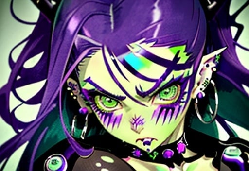 Prompt: Detailed portrait of a captivating woman with beautiful green eyes, long curly purple hair,punk and alternative style, round face and blushed, piercing and firm , earrings, gaze, intense and focused expression,  cool tones digital art, drawing kinda angry