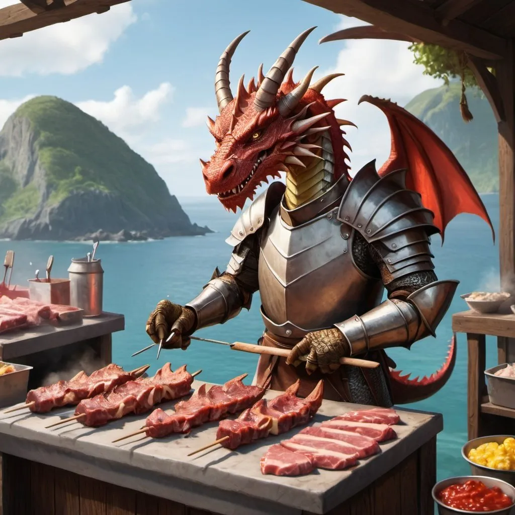 Prompt: A dragon born in armor working in a meat skewer shop on an island with dragon claws, outdoors