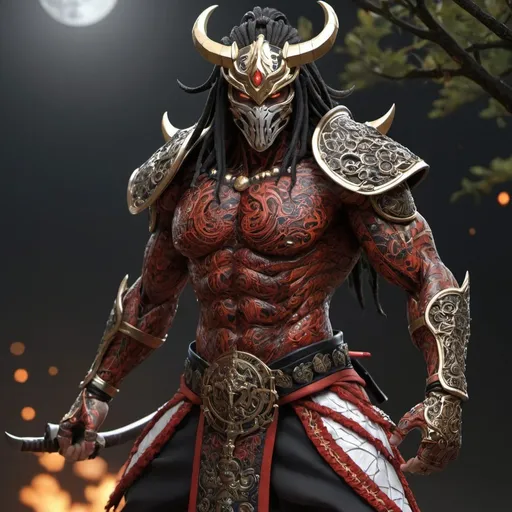 Prompt: detailed bare samurai mixed Venom:1.1, detailed full body attack with knee :1.1, equiped shield spear held in the back, (Peoples Eyebrow:1.i right eye)(dread blowout hair with red black gold head band intricate patterns) dread hair short, super ho super fit skinny thick Anatomy, fusion, Magic render, show convex buttocks details, arched torso and back details, detailed ptosis3:1.35 (ambergoldorangewhite sparks in background from forge ablaze with various metal stacked around, fusion Magic render highly detailed in the evening, stars light up the night sky, faint shooting star in the distance, moon behind the trees waning crescent,(MasterPiece)(Excellence)
