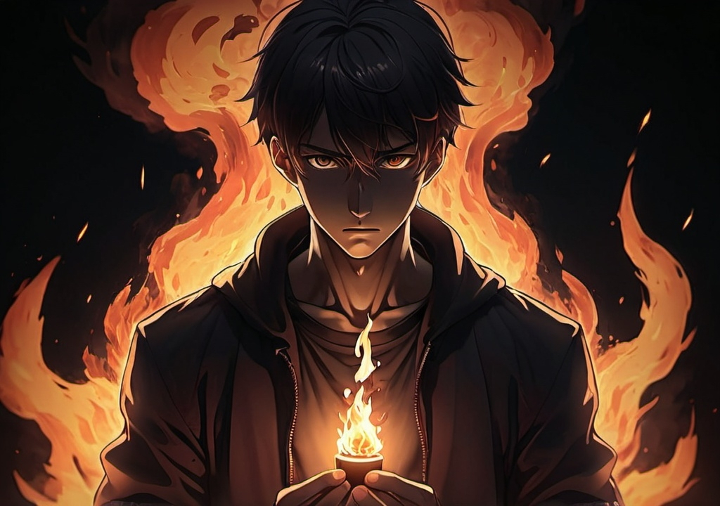 Prompt: Man anime on darkness ambient with fire