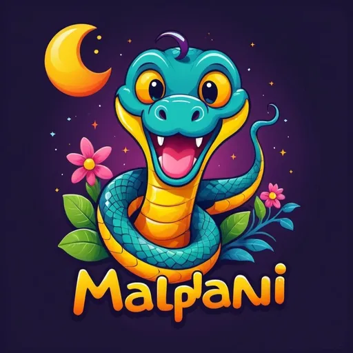 Prompt: Vibrant, playful kids cartoon logo with text"MaalPaani" featuring a cheerful snake, moon motif, colorful palette, happy expression, high quality, cartoon, vibrant colors, moon motif, playful design, cheerful snake, kids logo, professional, detailed illustration