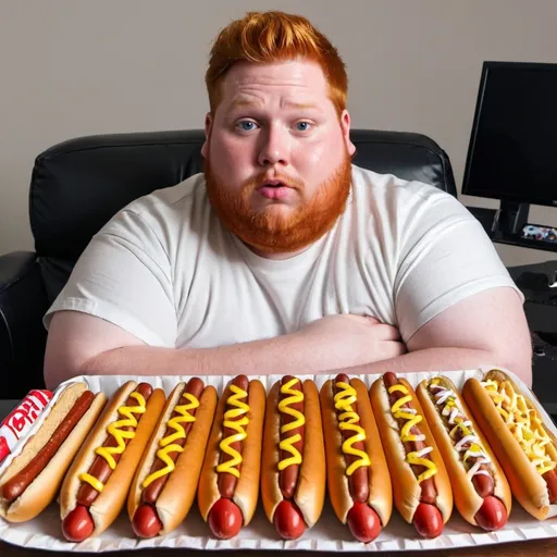 Prompt: make caseoh, the obese popular ginger haired 33yr old twitch streamer eat 100 hot dogs with his twitch subs staring at him in shocks