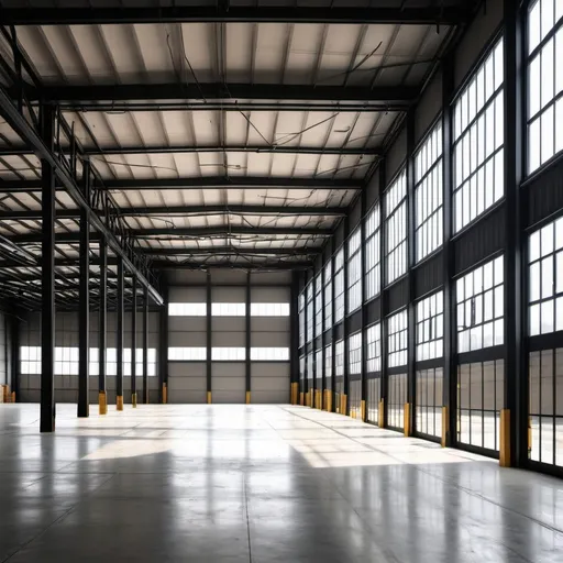 Prompt: Make image of interior warehouses in side large warehouse with glass garage doors