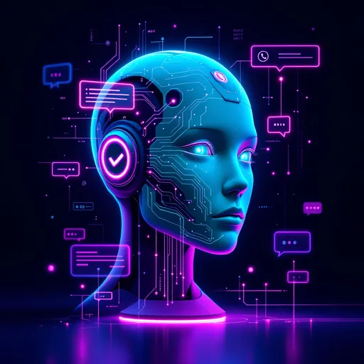 Prompt: A futuristic and minimalist WhatsApp group display picture featuring a glowing blue and purple AI robot head with circuit board patterns, surrounded by abstract chat bubbles and digital data streams. The background is dark with subtle binary code effects, sleek and modern, suitable for a tech group. No text, high-resolution, vibrant neon accents.