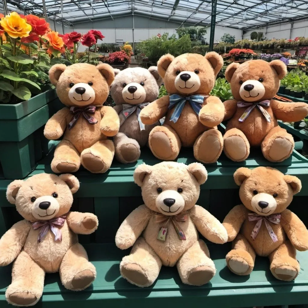 Prompt: A bunch of teddy bears having fun at the garden center.