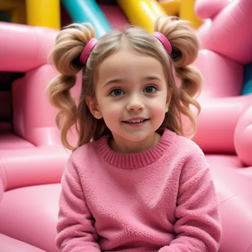 Prompt: a realistic cute little 6 year old girl with 9 extremely fuzzy and cute tails and a pink fuzzy sweater , { inside a  infinite soft play area , bouncy castle ,  childish, cute, colorful, liminal, nostalgic, hyper realistic, 8k, high definition, panoramic, }