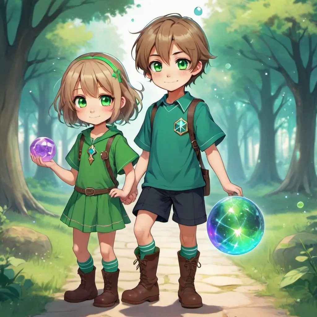 Prompt: a anime style of  a cute 18 year old magical boy and little sister,   in a green turtle magical boy costume , magical boy dress, short hair, cute magic, wand, rainbow magic orb, wearing childish green boots, { with his little sister with light brown hair and blue eyes, long hair, and a light brown shirt with childish pins }