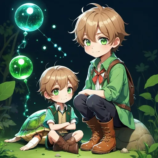 Prompt: a anime style of  a cute 18 year old magical boy and his AI Companion ,   in a green turtle magical boy costume , magical boy dress, short hair, cute magic, wand, rainbow magic orb, wearing childish green boots, { with his AI companion that he built with light brown hair and blue eyes, long hair, and a light brown shirt with childish pins }