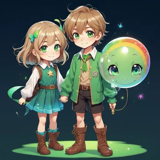 Prompt: a anime style of a cute 18 year old magical boy and little sister, in a green turtle magical boy costume , magical boy dress, short hair, cute magic, wand, rainbow magic orb, wearing childish green boots, { with his little sister with light brown hair and blue eyes, long hair, and a light brown shirt with childish pins }