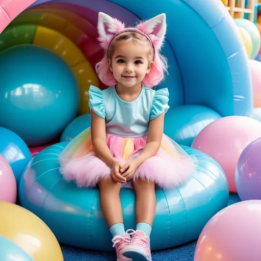 Prompt: a realistic cute little 6 year old human girl , {the child has the physical features of 9 extremely fuzzy and childish pastel fox tails, pastel rainbow hair , fluffiest child, fox ears,  } {the child wears a pastel pink and blue and childish dress with an extremely fuzzy texture ,  cute pastel rainbow childish shoes,   } { inside a  infinite soft play area , bouncy castle , } childish, cute, colorful, liminal, nostalgic, hyper realistic, 8k, high definition, panoramic, 