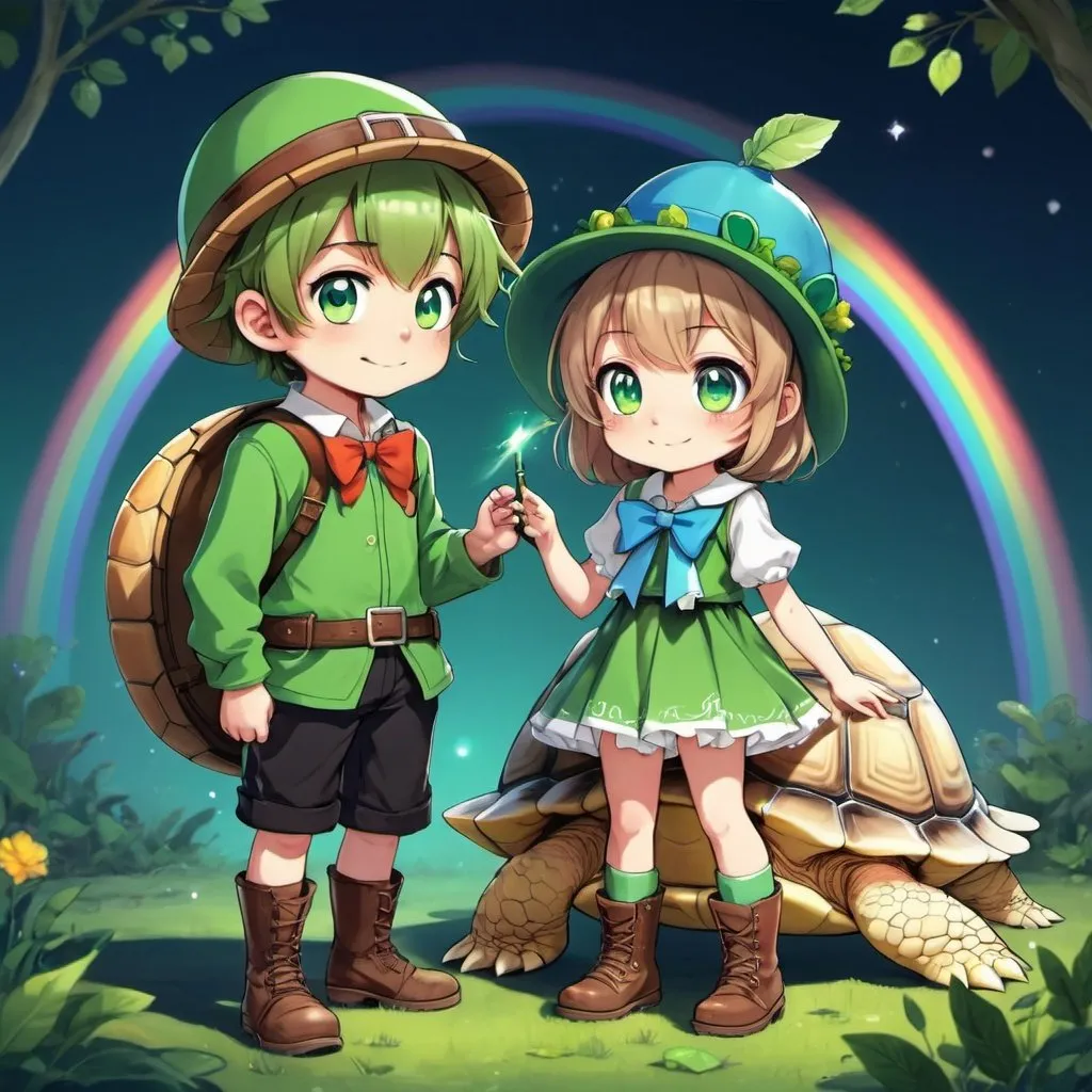 Prompt: a anime style of  a cute 18 year old magical boy and little sister,   in a green turtle magical boy costume and a turtle hat  , magical boy dress, short hair, cute magic, wand, rainbow magic orb, wearing childish green boots, { with his little sister with light brown hair and blue eyes, long hair, and a yellow shirt and a giant blue bow with childish pins }