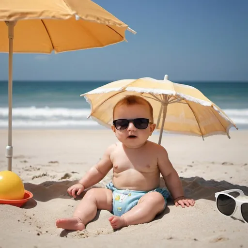 Prompt: Create an image of a baby lounging on the beach under an umbrella, wearing sunglasses and a diaper.