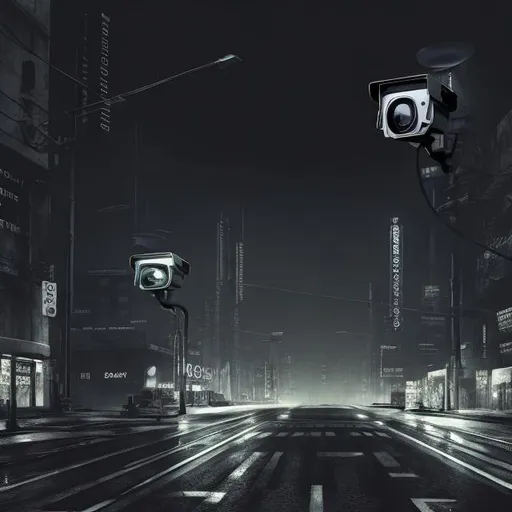 Prompt: City streets filled with security cameras every 10 feet, high-tech surveillance, dystopian future, metallic and sterile atmosphere, monochrome color scheme, ominous lighting, ultra-detailed, futuristic, surveillance state, dystopian, metallic textures, highres, intense security, dystopian future, sterile environment, urban surveillance, dystopian, high-tech cameras, monochrome, intense lighting, professional quality