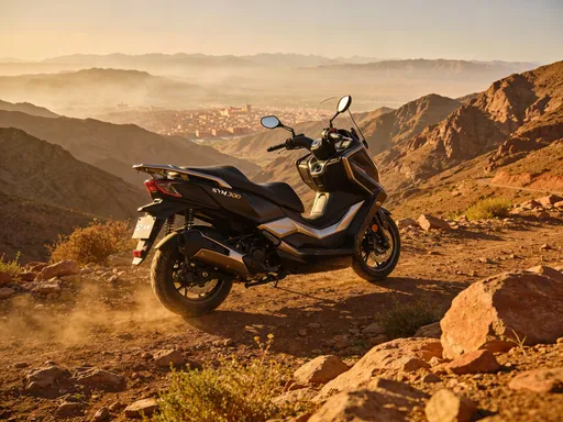 Prompt: Une moto sym nht 300 cac dans les montagnes de oukemden au Maroc à Marrakech 