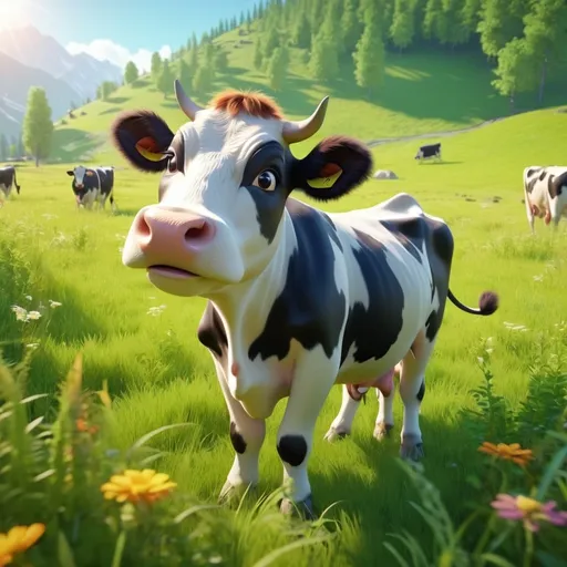 Prompt: Animated cow in a lush meadow, vibrant and playful, 3D rendering, detailed fur with natural textures, lively expression, high quality, cartoon, bright and sunny, warm lighting, scenic landscape, cute and charming, realistic movement, immersive environment