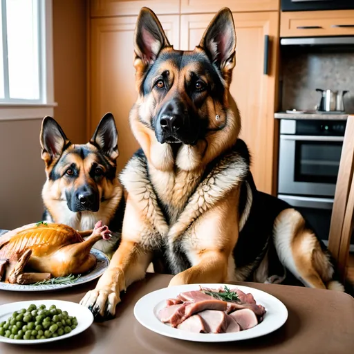 Prompt: A German shepherd and a Shibu innu sitting at a table with turkey dinner