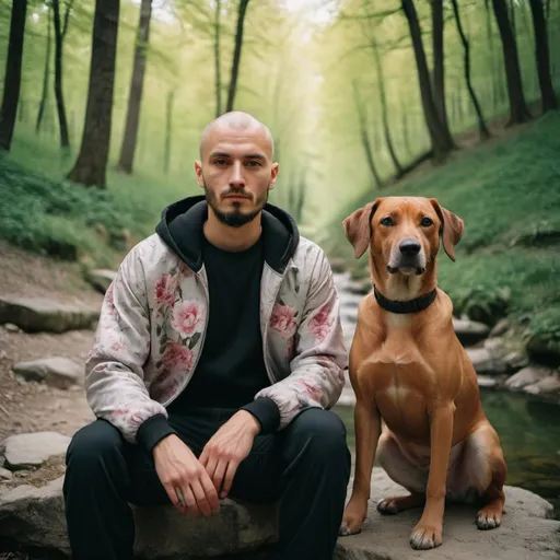 Prompt: A confident, slim man in his late twenties with a shaved head and a small beard strikes a pose with his loyal friend by his side at National Park UNA Bihać, Bosnia. The man is dressed in a floral Reebok tracksuit, captured by Ryan McKinley in a cinematic wide-angle shot using Yashica T4s and Leica R8s cameras. The scene is illuminated by soft natural light, enhanced with elements of gouache, acrylic calligraphy, and watercolor for a realistic depth. Various cameras like Hasselblad X1D II 50C and films including Kodak Aerochrome, Kodachrome, Ektachrome, Portra 400, and Superia X-TRA 400 enrich the visual experience.