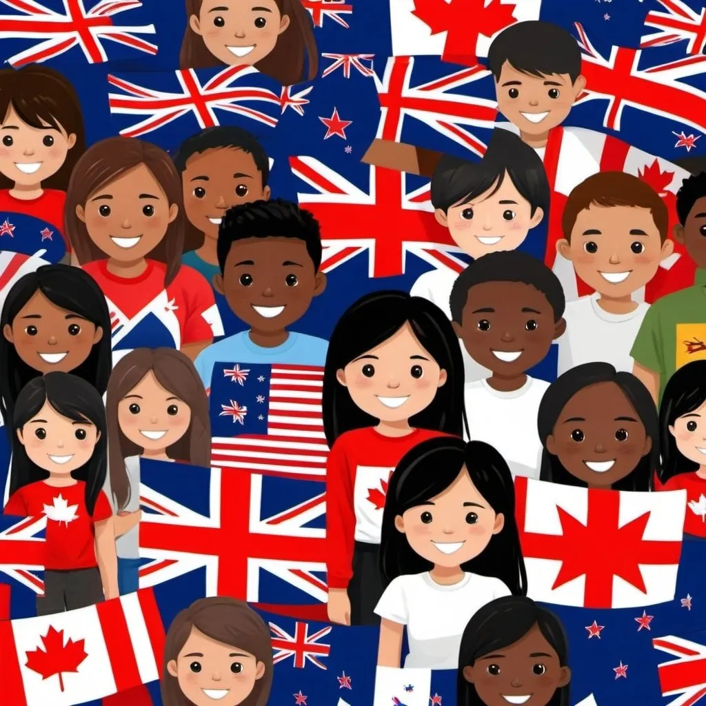 Prompt: Teenager cartoon 
UK flag USA flag New Zealand flag Canada flag Australia flag
 multicultural and Asian
 communication


