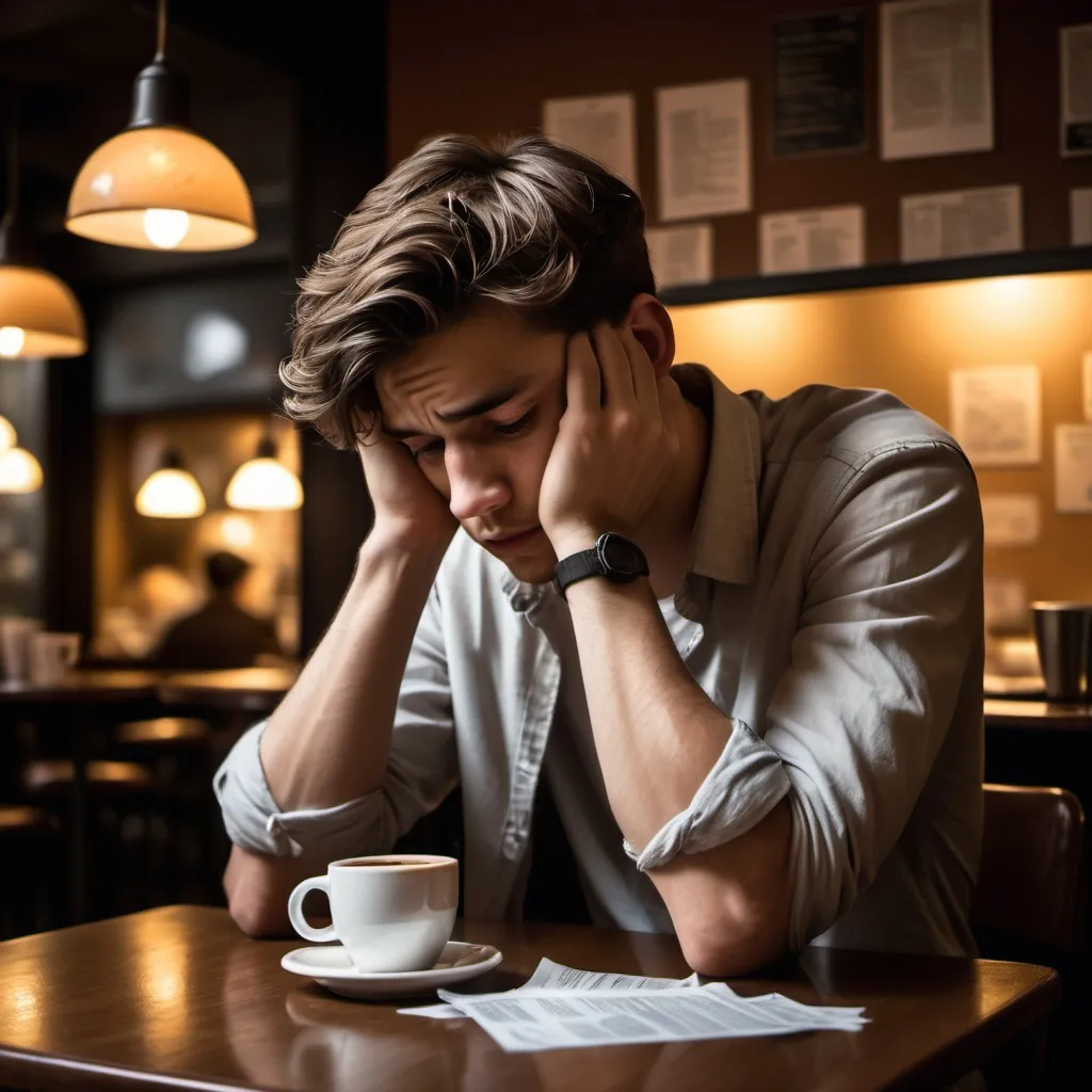 Prompt: A dimly lit café, warm tones. A young man (early 20s) sits at a small table with his head in his hands. He looks stressed, staring at an empty coffee cup or crumpled papers.