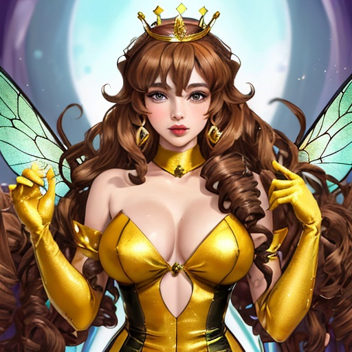 Prompt: An humanized queen bee as a fairy. She has shoulder-length curly brown hair, a curvy body. She wears a crown