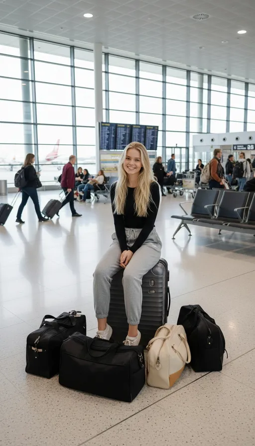 Prompt: Long shot, she is in an airport, with some suitcases, sitting on one of them and bags wearing jogging pants and a top, happy natural expresison, keep face intact