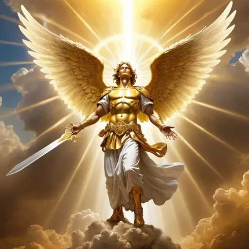 Prompt: A Biblical  Angel of war. Make him vibrant, glowing golden rays and standing sorounded by golden clouds. Make it Vibrant,captivating and engaging.