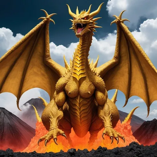 Prompt: Generate an image of King Ghidorah standing on top of active volcano.  Make it menacing and vibrant.