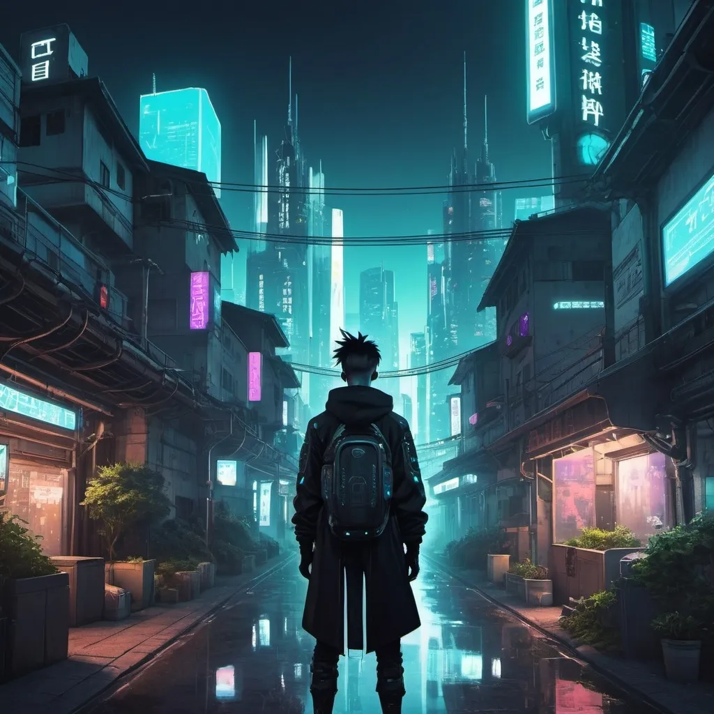 Prompt: Anime cyberpunk style, nature, town, man
