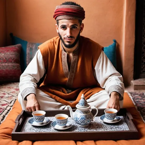 Prompt: make a moroccan man in traditional living room with a tea tray and moroccan cups next him