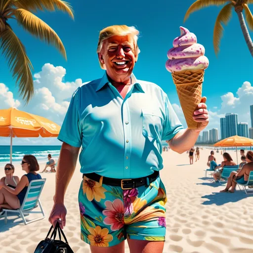 Prompt: vivid image of Donald Trump, standing confidently in colorful floral shorts, sunlit Miami Beach backdrop, vibrant turquoise sea, golden sandy beach, bright blue skies, smiling broadly, ice cream cone in one hand, a sleek black money bag in the other, warm and cheerful ambiance, high detail, sunlight casting playful shadows, ultra-detailed, photorealistic.