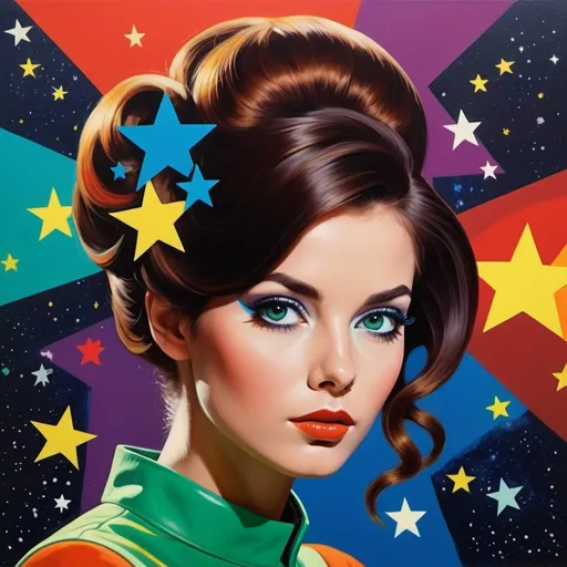 Prompt: woman with long dark reddish brown hair and blue green eyes portrayed in the style of 1960's pop art, hair is styled in an updo with loose strands of hair framing the face, hyper realistic stars and space elements in the background, very realistic figure, pops of red, yellow, orange and purple throughout 