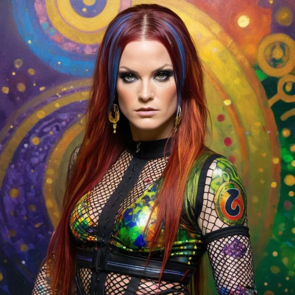 Prompt: wwe hall of famer lita in her twenties in the style of a gustav klimt oil painting, wearing early 2000's raver clothes, long sleeved fishnet shirt, very realistic, super detailed, pops of red, green, purple, orange and blue in the background and on the figure 