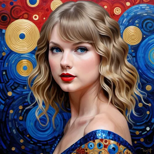 Prompt: taylor swift in the style of a gustav klimt oil painting, very realistic, super detailed, pops of red and blue in the background and on the figure 