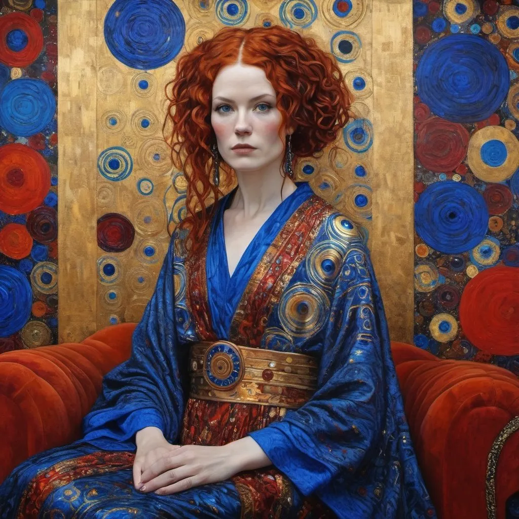 Prompt: lita in the style of a gustav klimt oil painting, very realistic, super detailed, pops of red and blue in the background and on the figure 